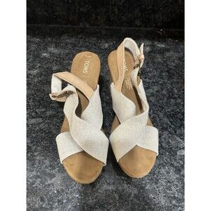 Toms Ibiza Beige Linen Cork Platform Sandals Women's Size 7.5 Preppy Neutral
